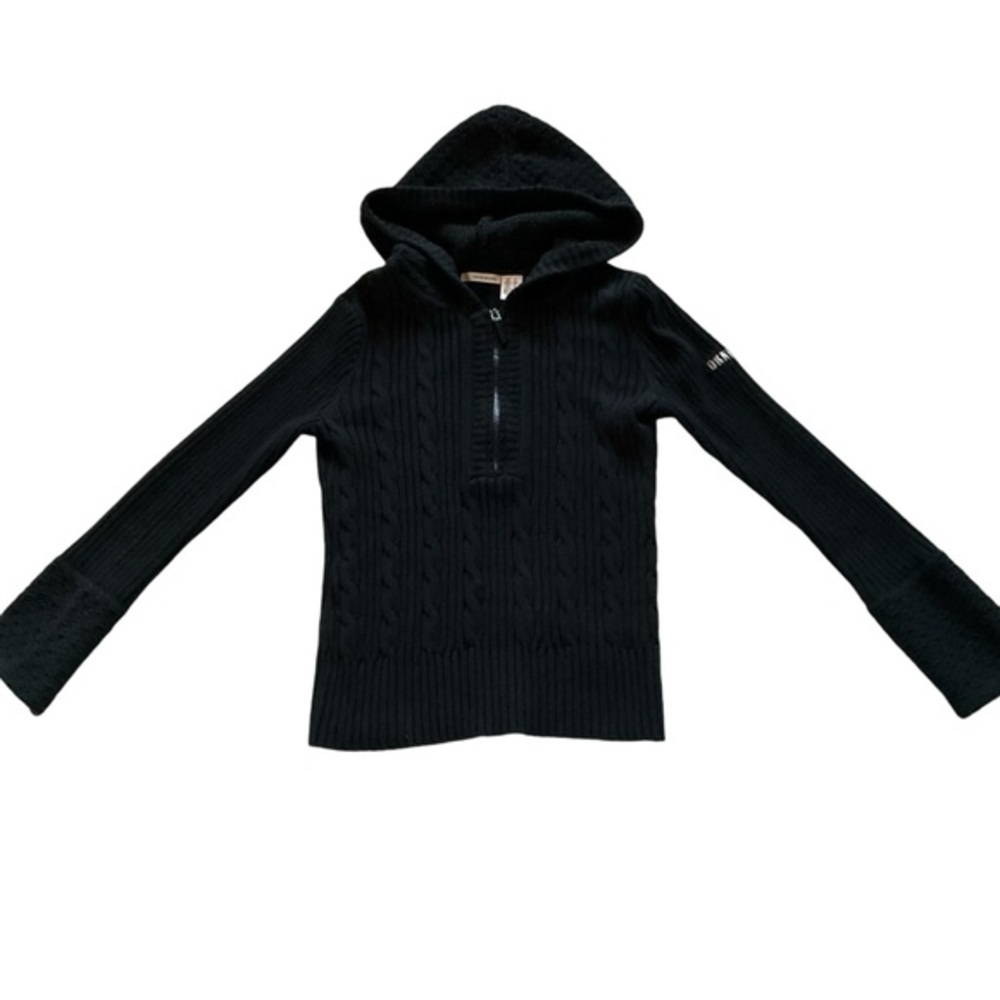 DKNY cable knit 3/4 zipper hooded sweater black sz small